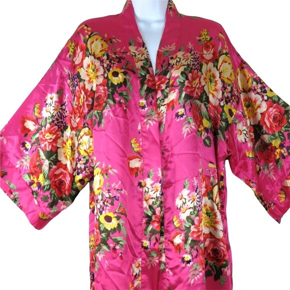 New Ms Lovely Hot Pink Floral Satin Kimono Robe M/L Knee Length Pockets Belted - Picture 6 of 16